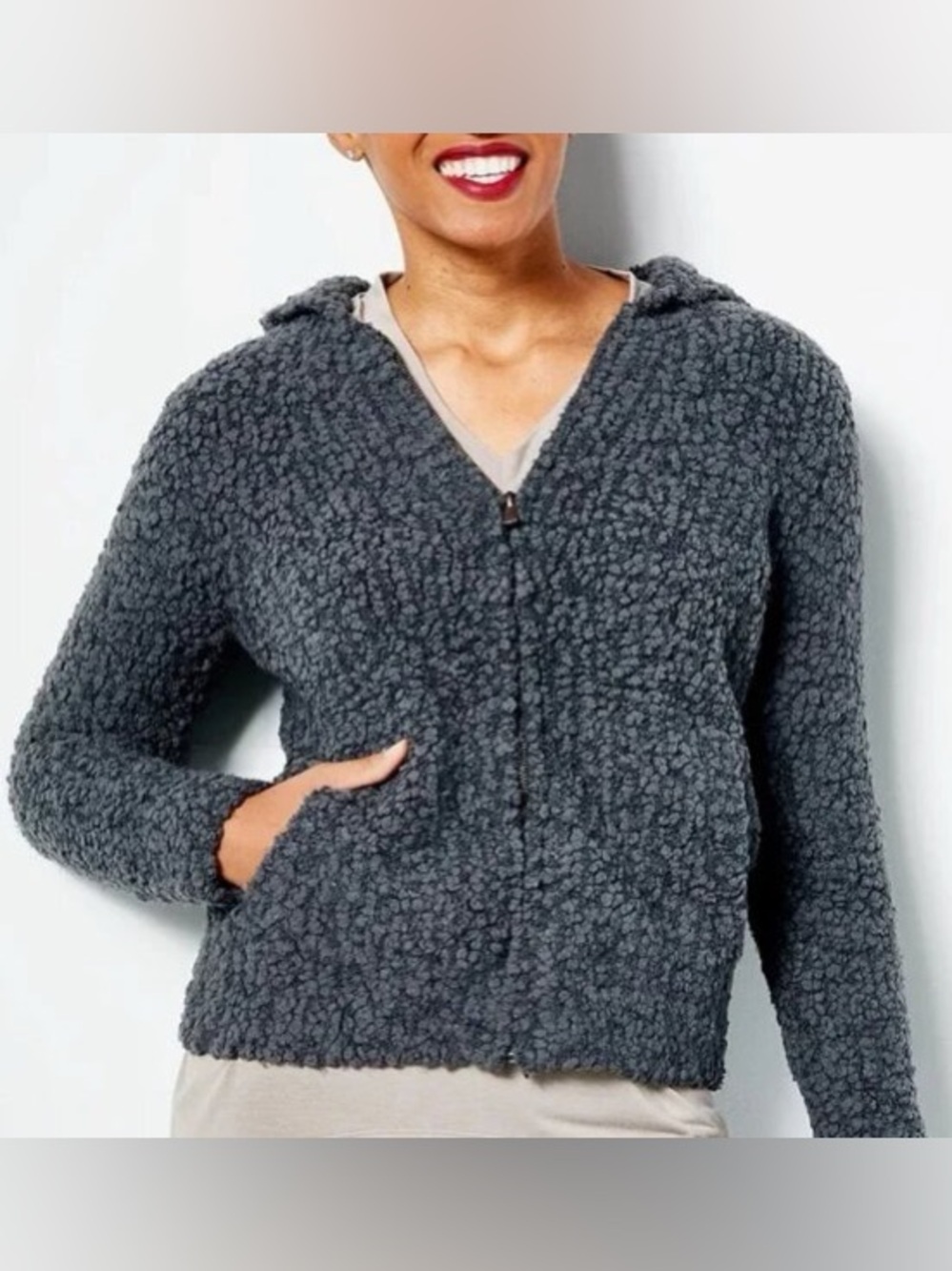 Barefoot Dreams Boucle Charcoal Gray Zip Up Long Sleeve Lounge Hoodie Size XS